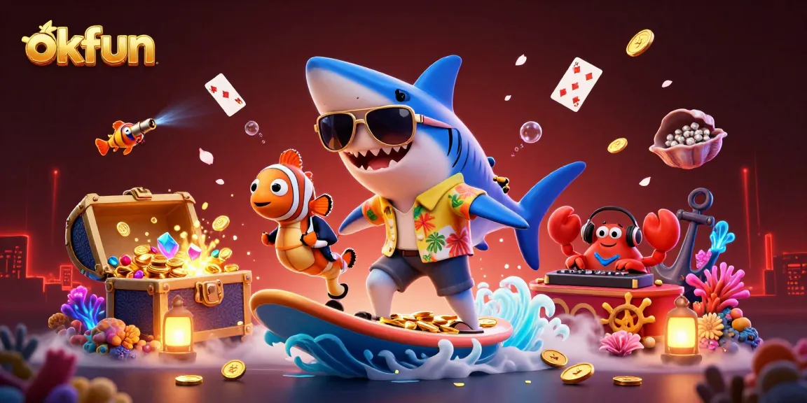 Engage in thrilling fun with okfun as a shark and friends enjoy vibrant casino adventure.