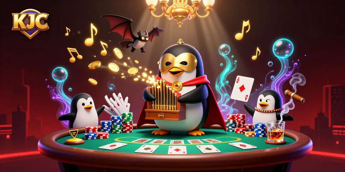 KJC casino scene with a cartoon penguin playing an organ that shoots coins around poker elements.