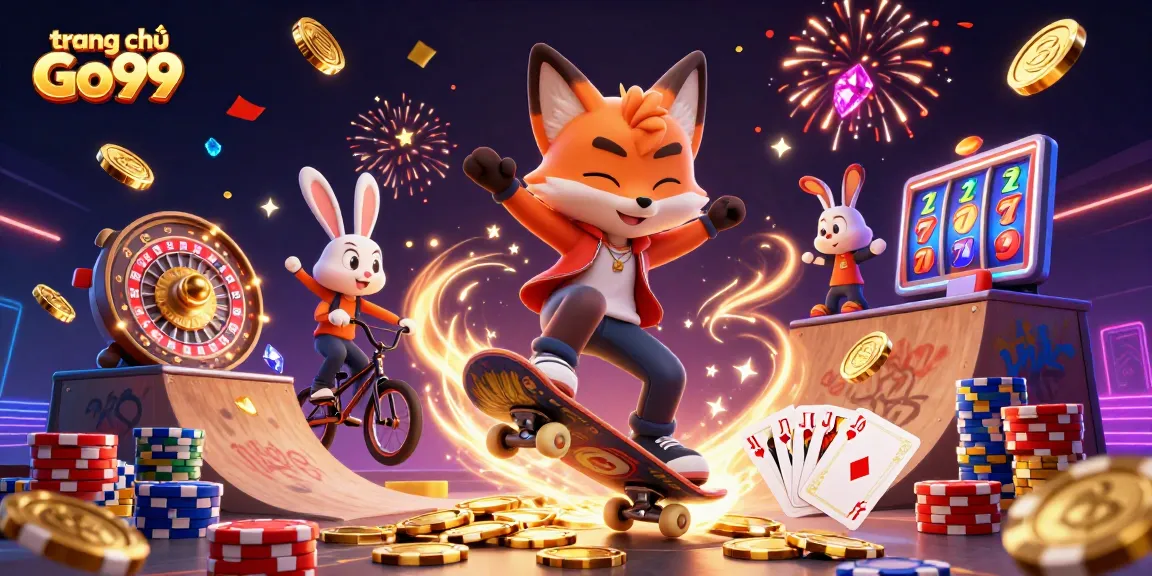 Spin to win at trang chủ Go99 with a vibrant 3D casino scene celebrating gaming excitement.