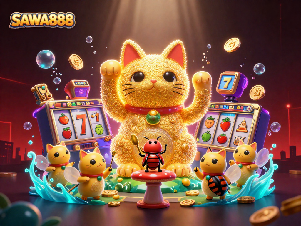 Experience excitement with SAWA888 as a golden lucky cat formed by fireflies interacts with colorful slots symbols.