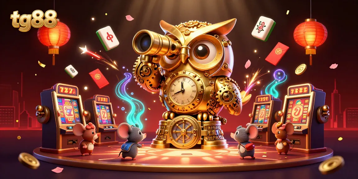 Engage with tg88, featuring a golden owl scanning a vibrant casino while cute mice scurry between brass slot machines.