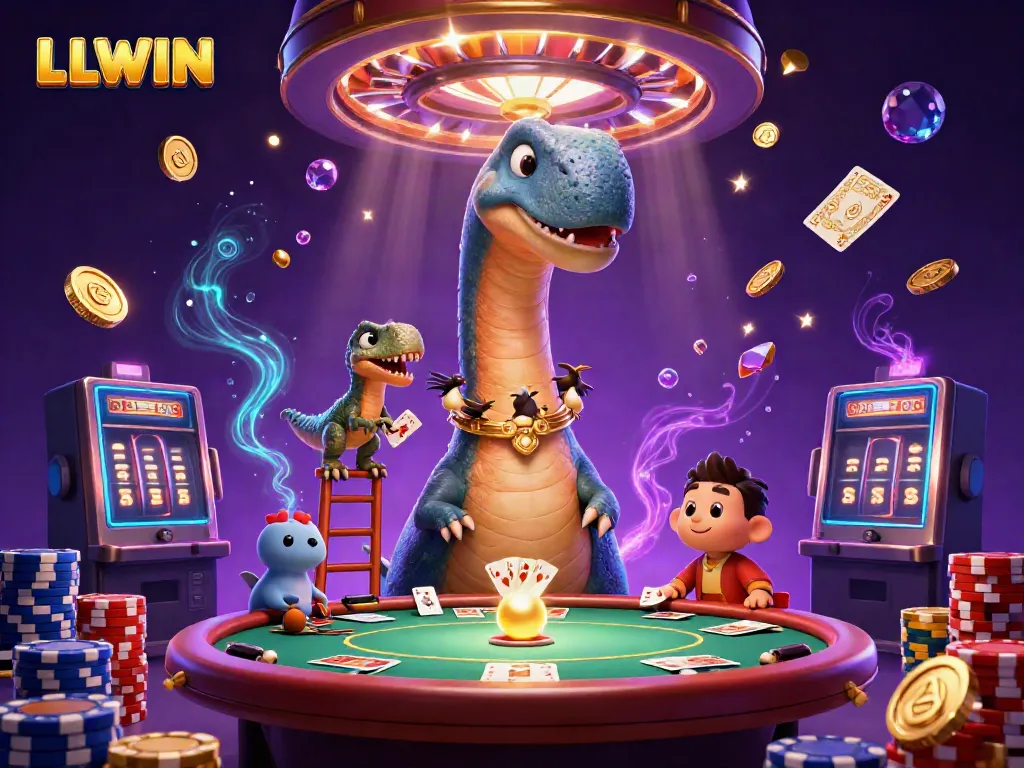 LLWIN showcases a vibrant casino scene with a giant brontosaurus and clever raptor dealer amidst dynamic gaming elements.