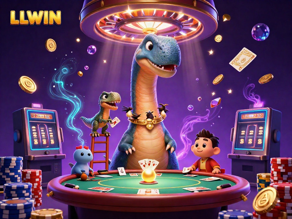 LLWIN showcases a vibrant casino scene with a giant brontosaurus and clever raptor dealer amidst dynamic gaming elements.