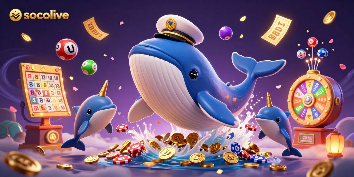 Socolive's vibrant illustration shows a 3D whale, narwhal, and dolphins amidst colorful lottery balls and casino elements, celebrating winning.