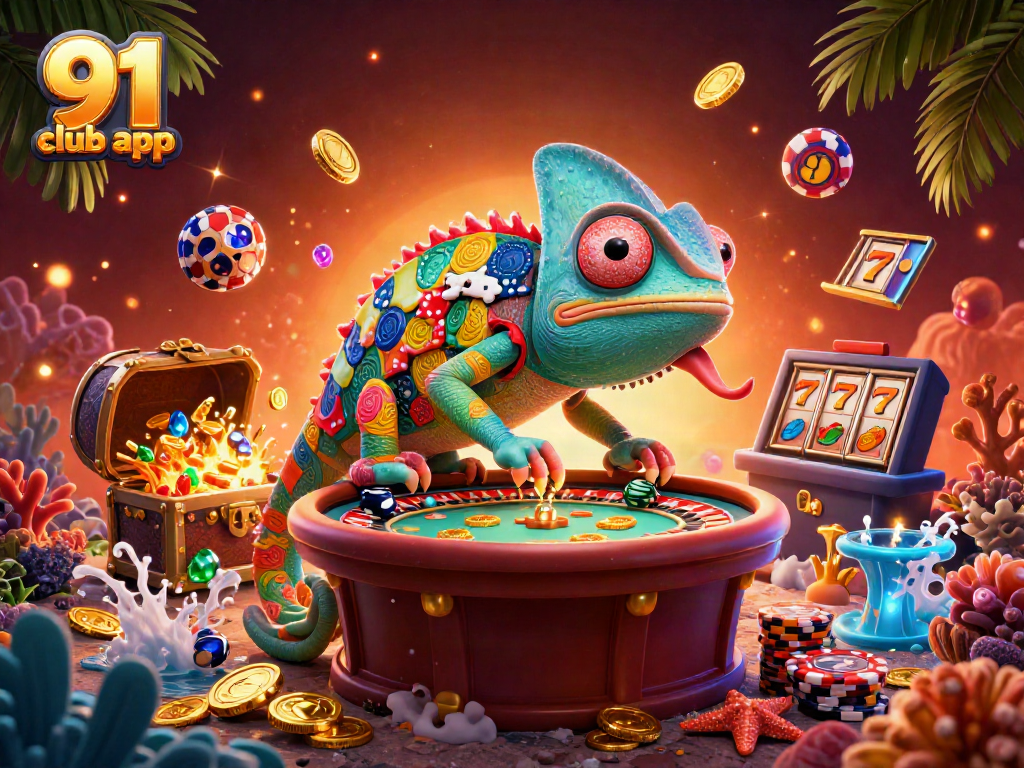 Engage with the vibrant 91 club app scene featuring colorful chameleon casino owner, gold coins, and lively gaming elements.
