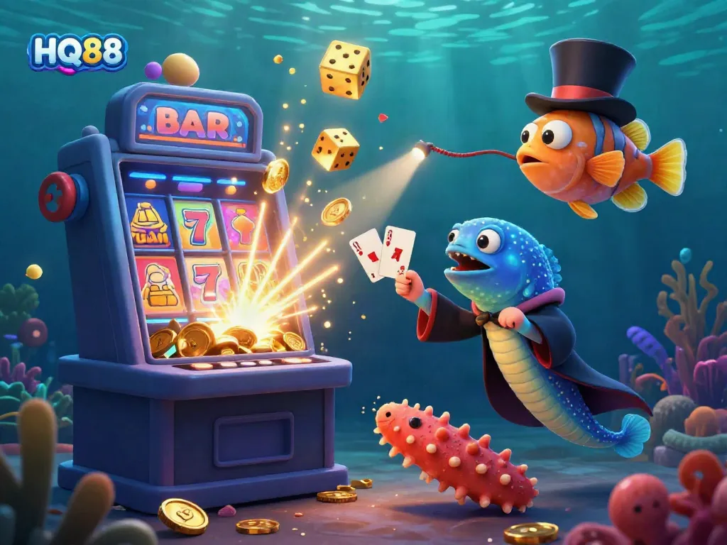 Experience the thrilling underwater casino world of HQ88 with vibrant characters and jackpot excitement.