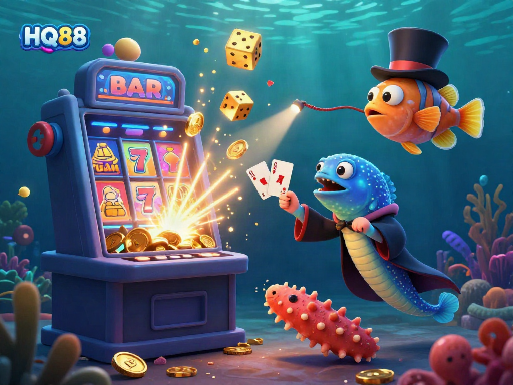 Experience the thrilling underwater casino world of HQ88 with vibrant characters and jackpot excitement.