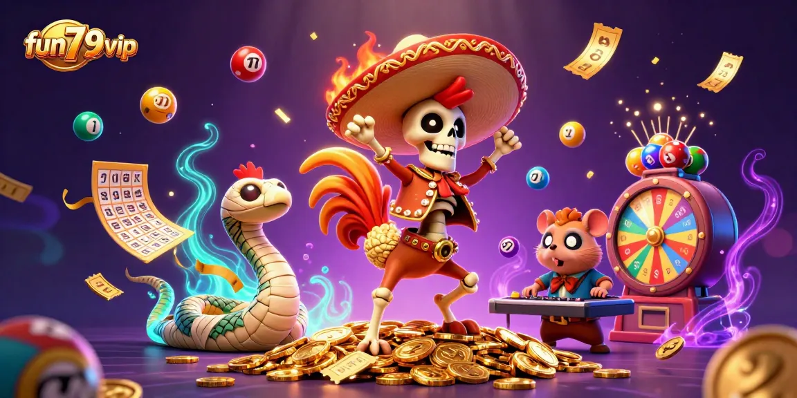 Engage with fun79vip's vibrant gaming world showcasing a festive mariachi rooster celebrating big wins among dynamic lottery elements.