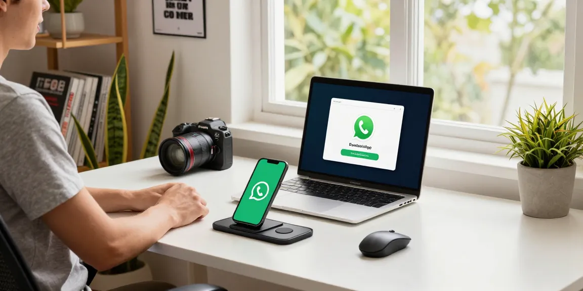 Downloading WhatsApp下載 on a laptop in a bright home office setting with tech gadgets.