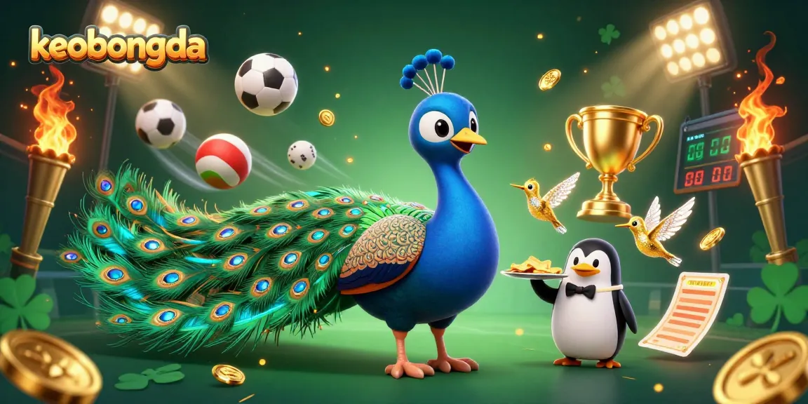 Engage with keobongda's vibrant sports betting scene showcasing a dazzling peacock, a diligent penguin, and dynamic sports elements.