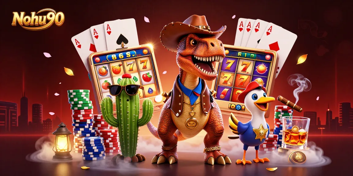 Nohu90 engaging in a vibrant slots adventure with a T-Rex and friends amidst dynamic gaming elements.
