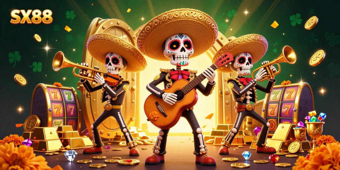 SX88 entices players with vibrant 3D mariachi characters amidst a burst of casino riches.