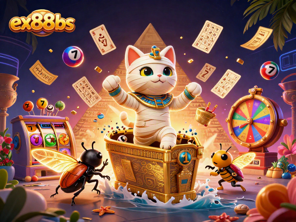 Experience thrilling games with ex88bs featuring a mummy cat and vibrant casino elements!