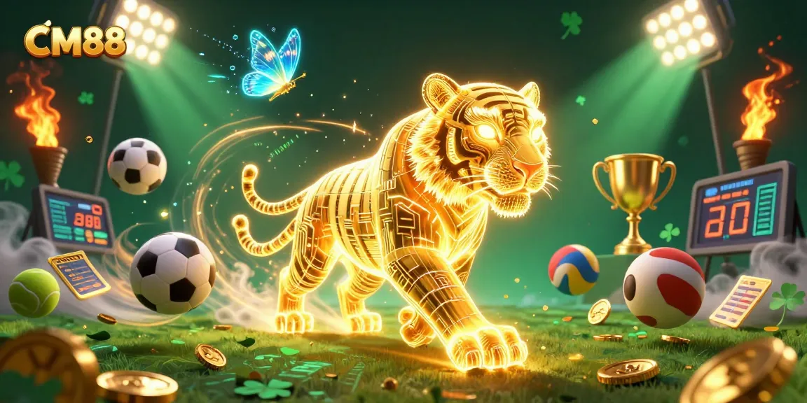 Experience the thrill of gaming at CM88 in a dazzling digital casino illustration featuring a golden tiger.