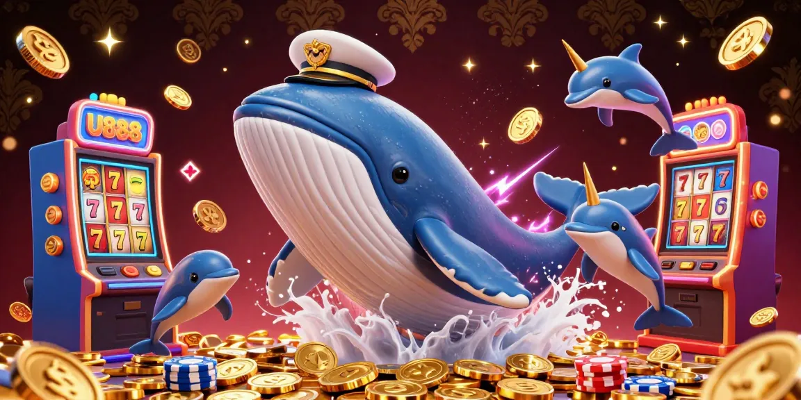Experience the thrilling games of U888, where a cartoon whale and playful dolphins engage with poker chips amidst dynamic casino elements.