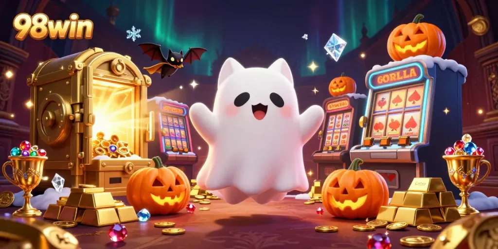 Experience the captivating world of 98win as a ghost cat plays in a vibrant haunted casino.