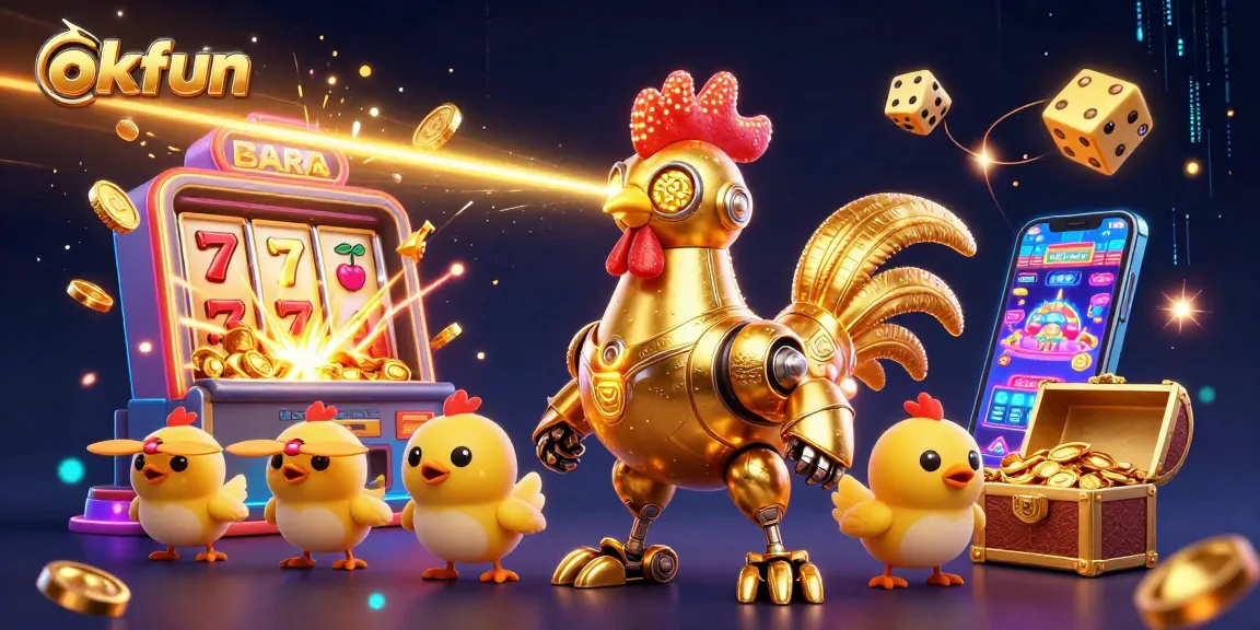 Engage with okfun’s vibrant 3D illustration showing a golden rooster robot amidst explosive casino game elements.