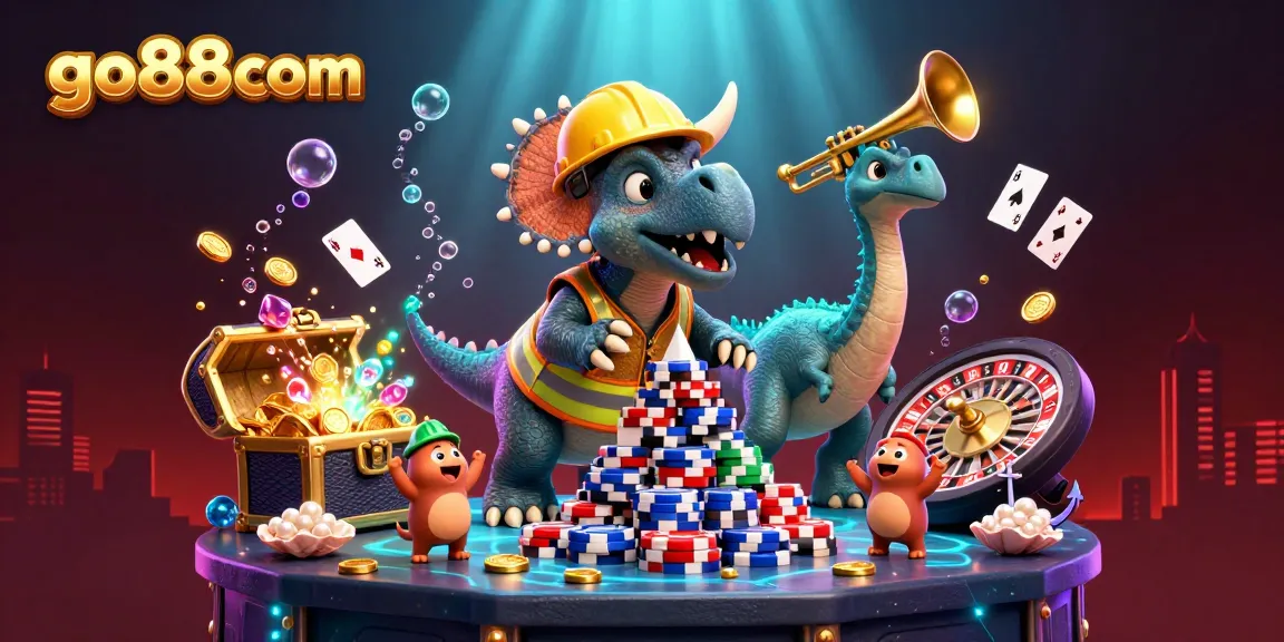 Experience thrilling gaming action with go88com as triceratops builds poker chip pyramid amidst celebratory backdrop.