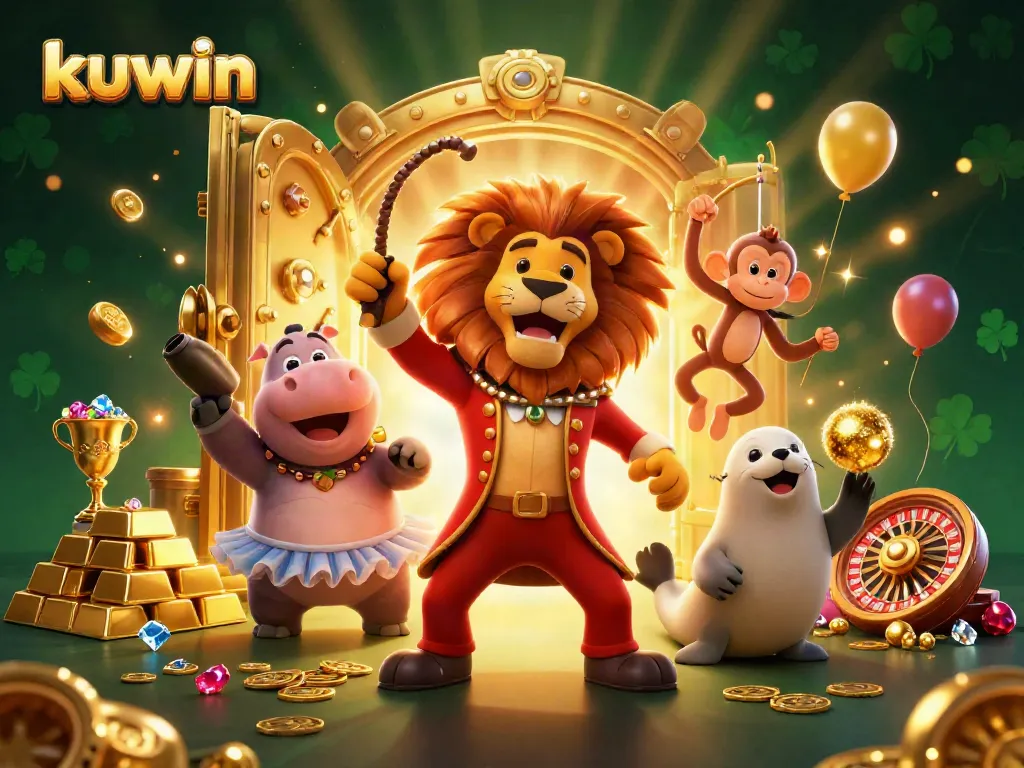 Experience thrilling slots at kuwin with cartoon animals in a magical casino scene full of treasures.