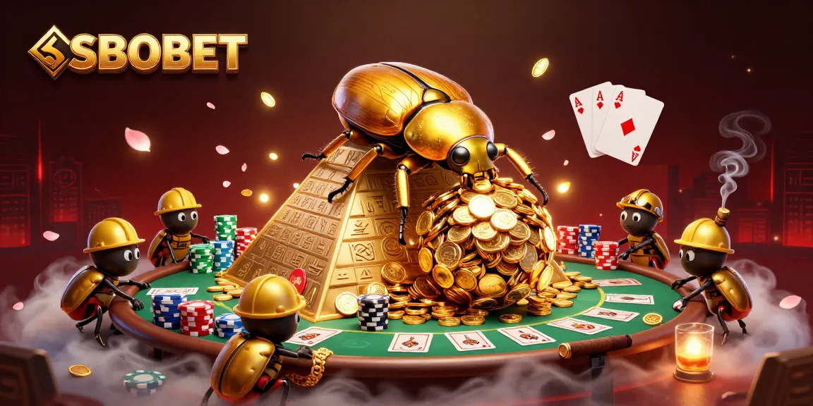 SBOBET's golden beetles rolling coins at a vibrant casino pyramid with poker elements.