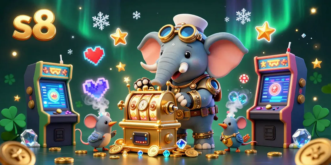 Experience the excitement of s8 casino games with a cartoon elephant at a golden slot machine.