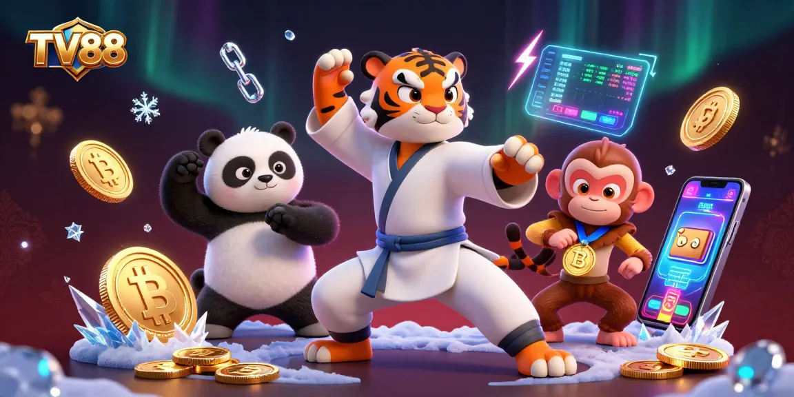 Experience casino excitement at TV88 with 3D characters in a vibrant, action-filled scene.