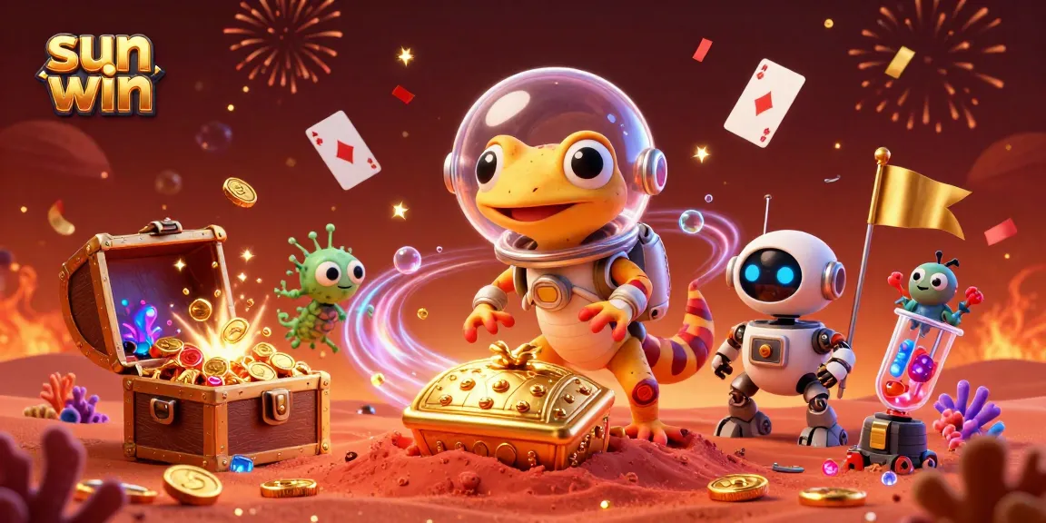 Experience the thrilling adventure of sun win with a Martian gecko exploring a golden casino.