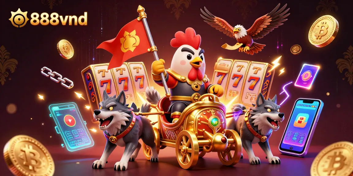 Experience thrilling casino action with 888vnd's vibrant slot games featuring dynamic characters and glowing crypto elements.