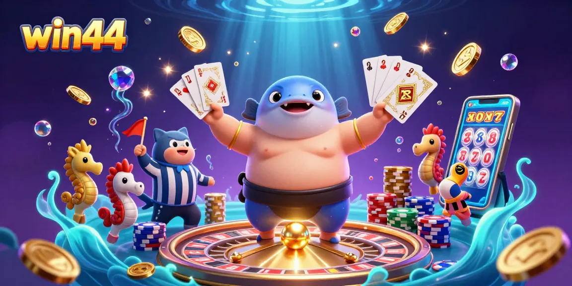 Experience the excitement of win44 with colorful characters amidst vibrant casino elements.