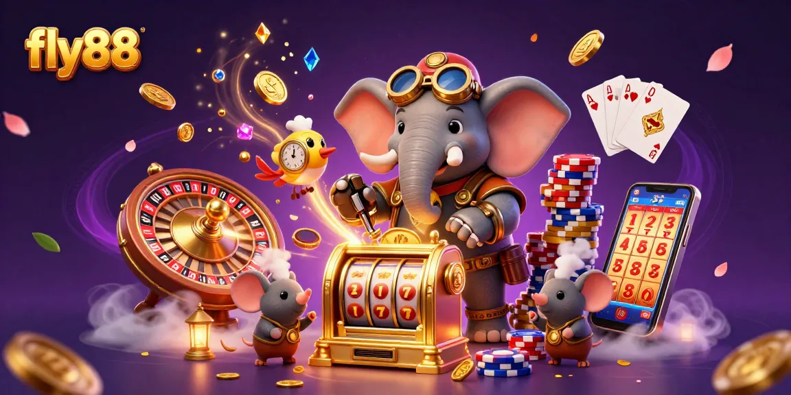 Experience fly88 as a playful steampunk elephant spins the golden slot machine amidst dazzling casino elements, embodying joy and excitement.
