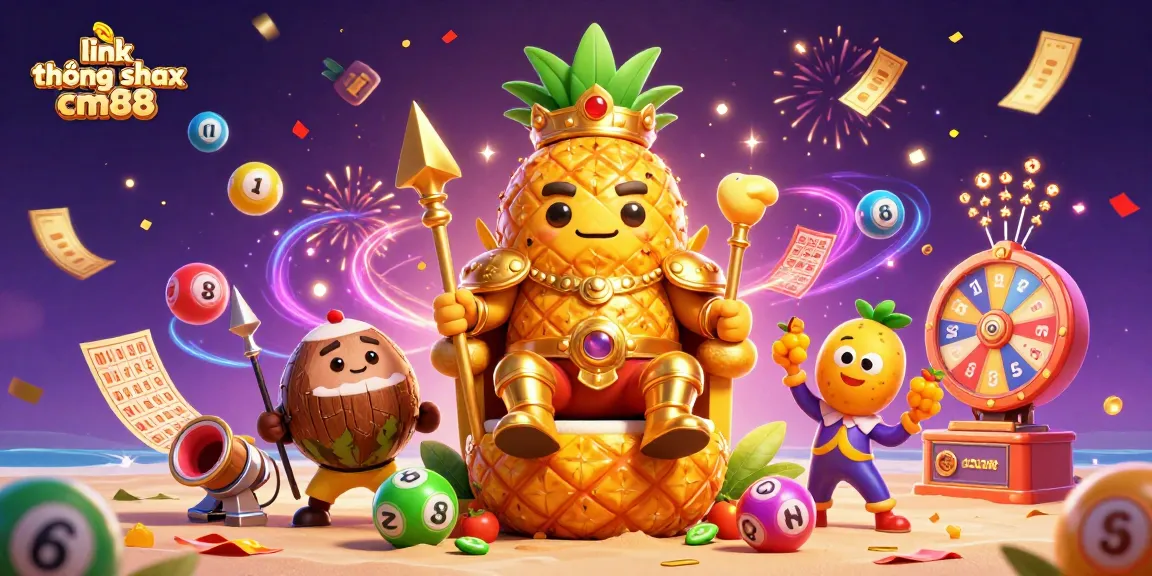 Engage with link không chặn cm88 amidst vibrant casino celebrations featuring a golden pineapple king and lottery elements.