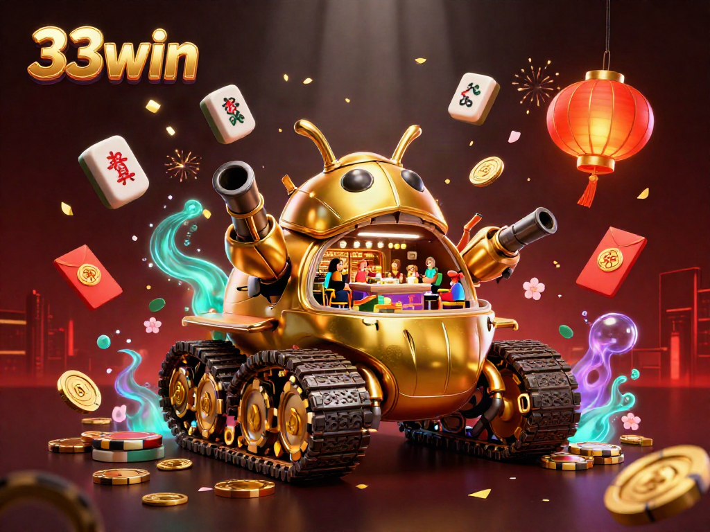 Win big with 33win in this vibrant casino scene, featuring a golden beetle tank and festive game elements.