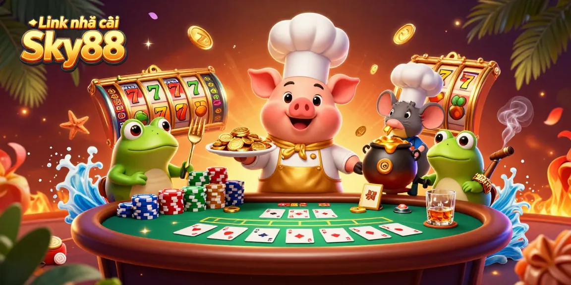 Engage with Link nhà cái Sky88's thrilling casino experience showcasing vibrant slot reels and animated characters.