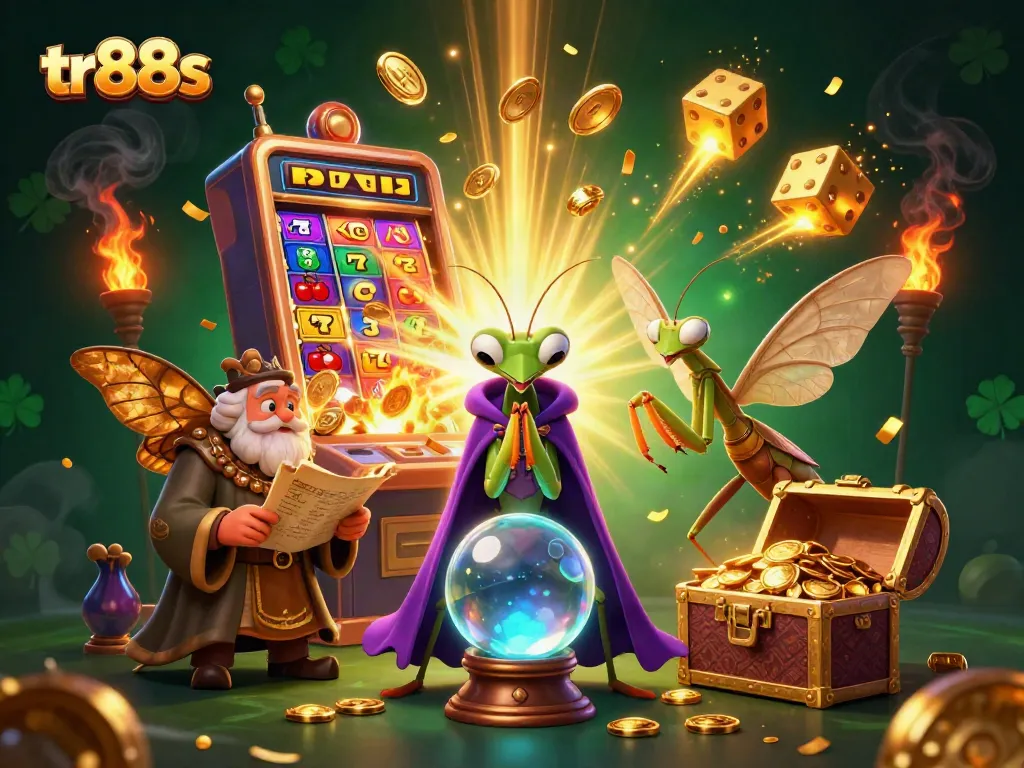 Experience tr88s with a dynamic scene of a fortune teller, slot machine, and vibrant gaming elements.