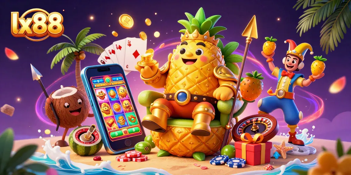 Spin the reels with lx88 in this vibrant beach casino scene featuring a pineapple king and dynamic game elements.