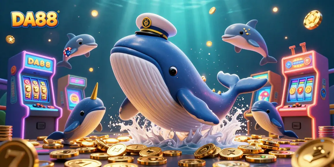 Engage in thrilling gaming adventures at DA88 with 3D whale and playful dolphins in a jackpot scene.