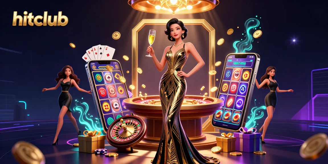 Hitclub casino scene with elegant woman enjoying a luxurious game experience, vibrant elements around her.