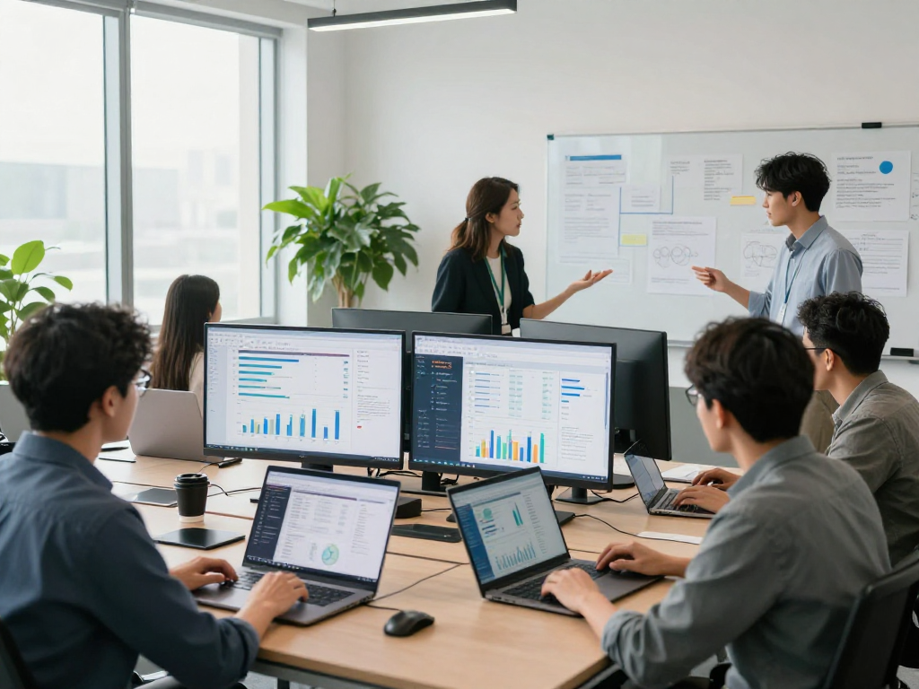 Team analyzing IDXSTAR market data in a modern office setting, reflecting collaboration and strategy.
