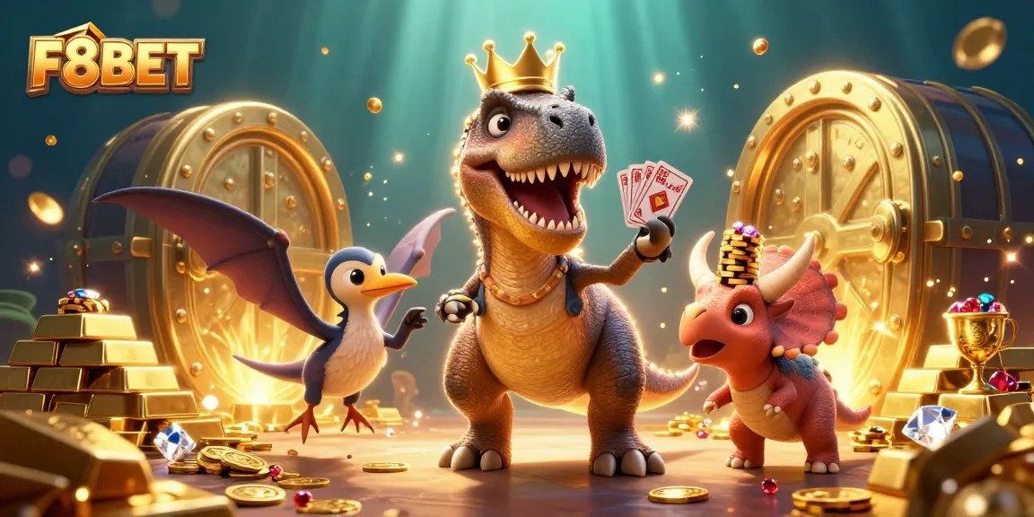 Engage with the F8BET casino scene featuring a T-Rex shuffling cards and winning golden chips.