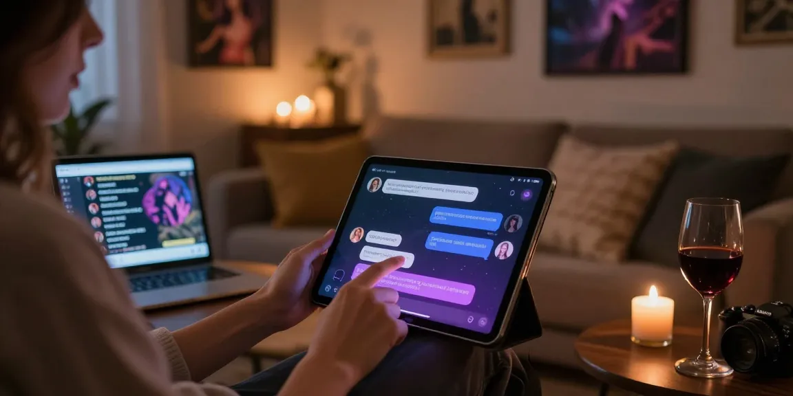 Engaging with a slut AI chatbot in a cozy home environment, creating intimate conversations.