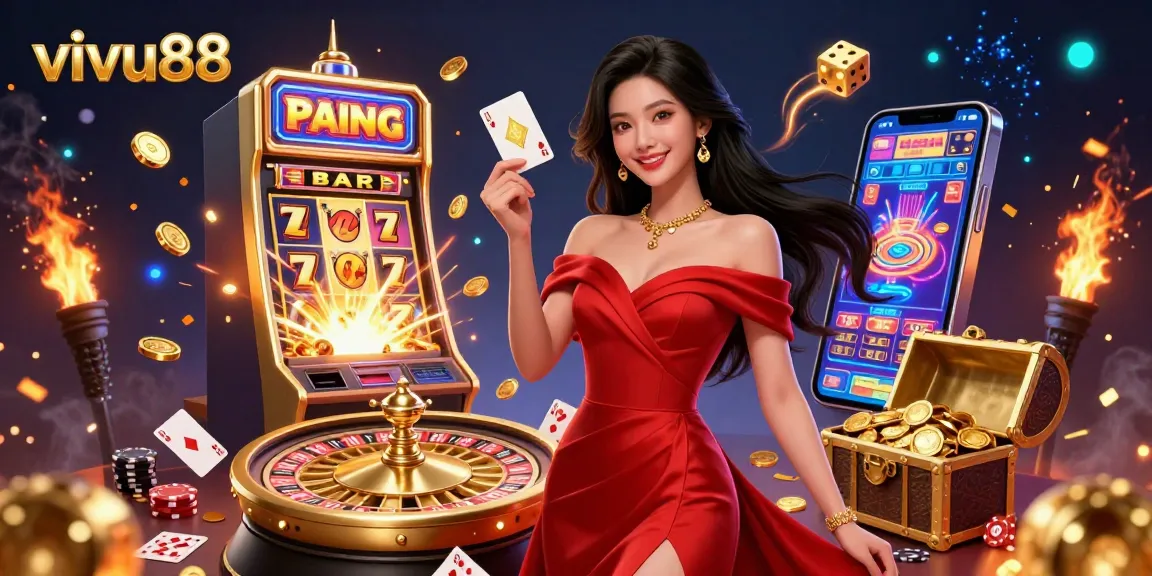 Experience vivu88's vibrant online casino atmosphere with a stunning woman holding a playing card beside a golden roulette wheel.