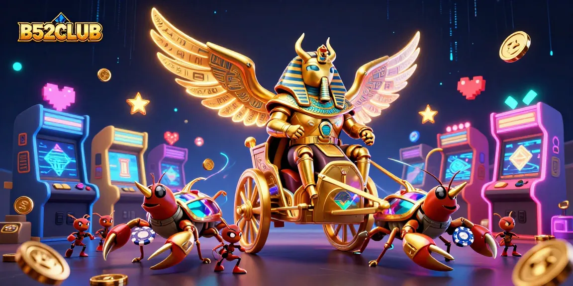 Experience thrilling gameplay with B52CLUB's vibrant arcade scene featuring a golden scarab and scorpion chariot.