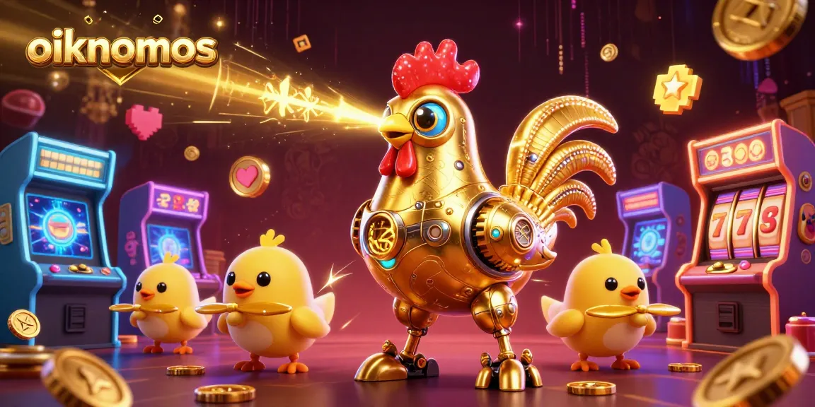 Oikonomos showcases vibrant casino elements with a golden rooster robot and baby chick drones in action.