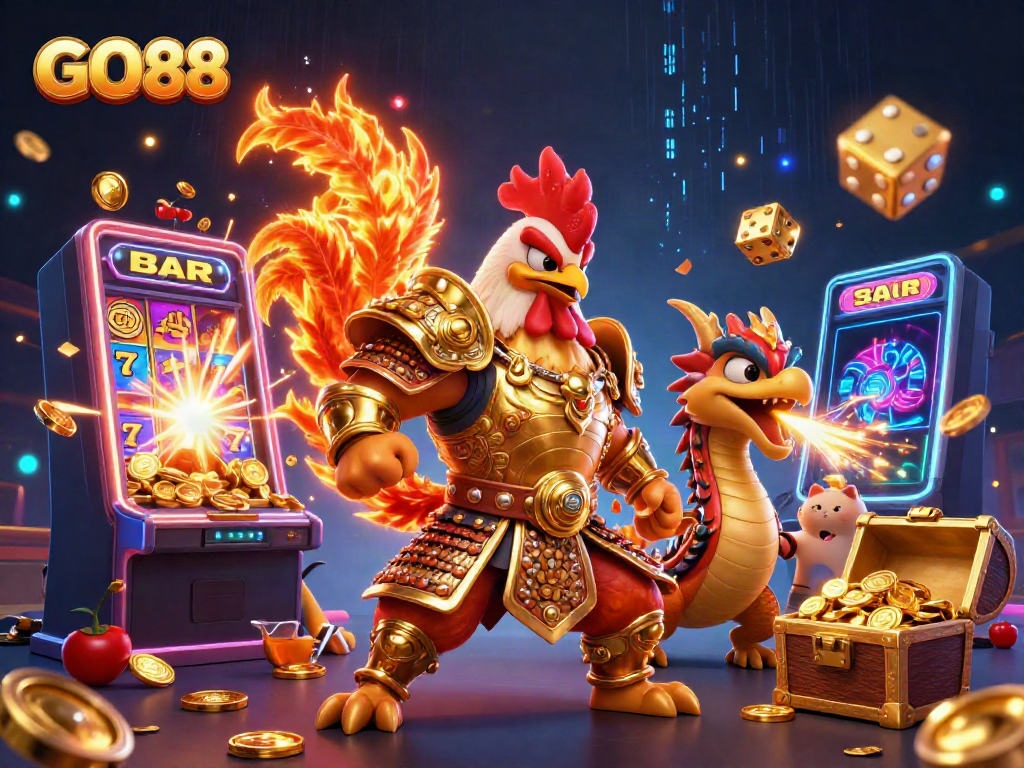 Experience the excitement of GO88 with a dynamic 3D illustration featuring a fighting rooster and armored dragon amidst a jackpot adventure.