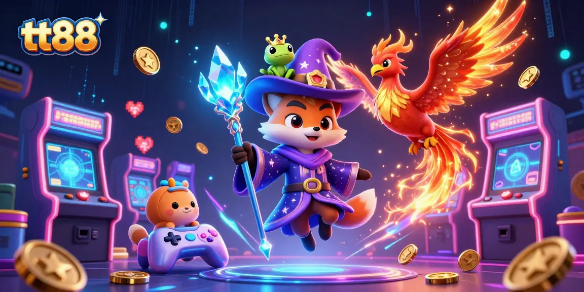 Experience thrilling gaming adventures at tt88 with a vibrant 3D illustration of a wizard fox and phoenix.