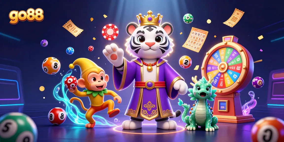 Experience vibrant excitement at go88 with this dynamic online casino illustration showcasing playful characters and games.