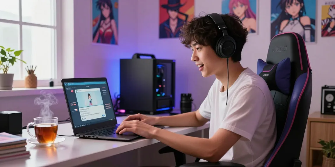 Engaging scene of a user enjoying ai chat hentai in a cozy home environment, surrounded by colorful character illustrations and tech.