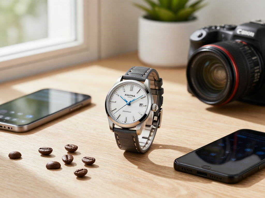 Festina F16878 timepiece stylishly displayed with coffee beans and smartphone, showcasing elegance and modern lifestyle.