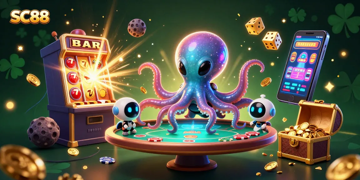 Engage with SC88's vibrant online casino experience through a holographic poker table run by an alien octopus.