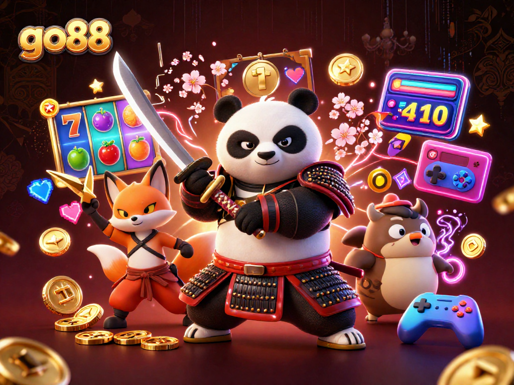 Experience thrilling gameplay at go88 with a vibrant 3D casino scene featuring samurai panda and ninja fox.